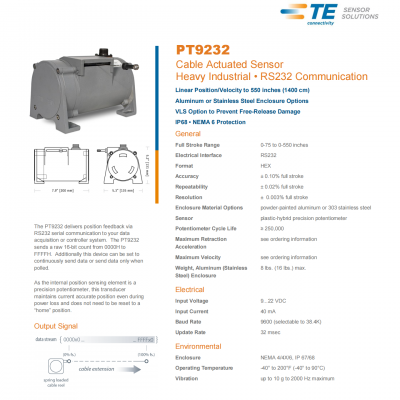 供应德国CELESCO PT9232拉绳位移传感器通过RS232串行通信反馈给数据采集或控制器